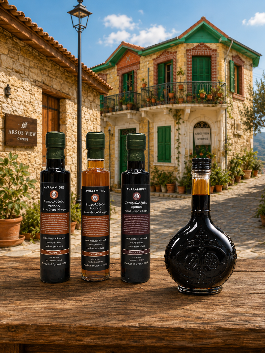 Avraamides Arsos grape vinegar and balsamic bottles on a wooden table in an Arsos village street